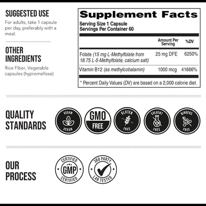 L Methyl Folate 15mg Plus Methyl B12 Cofactor – High Potency, Active 5-MTHF Form - Supports Mood, Methylation, Cognition – Bioactive Forms of Vitamin B9 & B12 (60 Capsules – 60 Servings)
