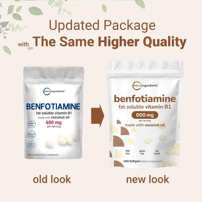 Vitamin B1 Benfotiamine 600mg Per Serving, 240 Coconut Oil Softgels | Bioavailable B Vitamins Supplement, Converted to Active Thiamine | Non-GMO, Soy Free