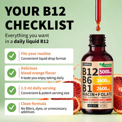 NUSAVA (2 Pack) Vitamin B12 Liquid Drops with B6, B1, Niacin & Folate — B12 Sublingual Vitamin B Complex, Methylcobalamin 5000 mcg, for Energy, Brain & Heart Support, Raspberry Flavor, 80 Servings