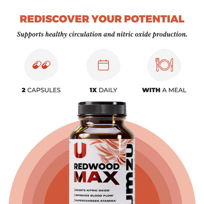 UMZU Redwood Max Nitric Oxide Booster, 1-Month Supply – Advanced Nitric Oxide Supplement with Fitnox Blend, Pine Bark, Resveratrol & Tart Cherry – Promotes Healthy Circulation, Energy and Recovery