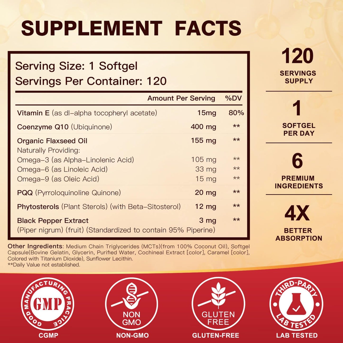 DRFOSTER CoQ10 400mg Softgels - High Absorption Coenzyme Q10 with PQQ, Omega 3-6-9, Plant Sterols & Vitamin E, MCT & Black Pepper - Heart, Brain & Energy Support - Gluten-Free, 120 Days Supply