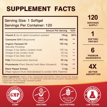 DRFOSTER CoQ10 400mg Softgels - High Absorption Coenzyme Q10 with PQQ, Omega 3-6-9, Plant Sterols & Vitamin E, MCT & Black Pepper - Heart, Brain & Energy Support - Gluten-Free, 120 Days Supply