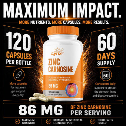 Zinc Carnosine 86 mg – Clinically Studied Zinc + L-Carnosine Complex for Gut Lining & Stomach Support | 120 Capsules (60-Day Supply) | Digestive Comfort, Mucosal Repair & Balance | Non-GMO