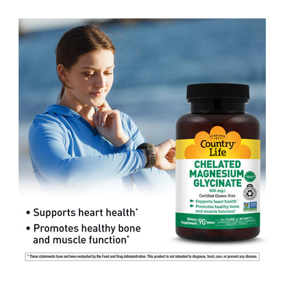 Country Life Chelated Magnesium Glycinate 400mg – High Absorption Magnesium Supplement for Muscle Relaxation, Energy, Bone & Immune Support – Gluten-Free, Vegan, Halal, Non-GMO Verified - 180 Tablets