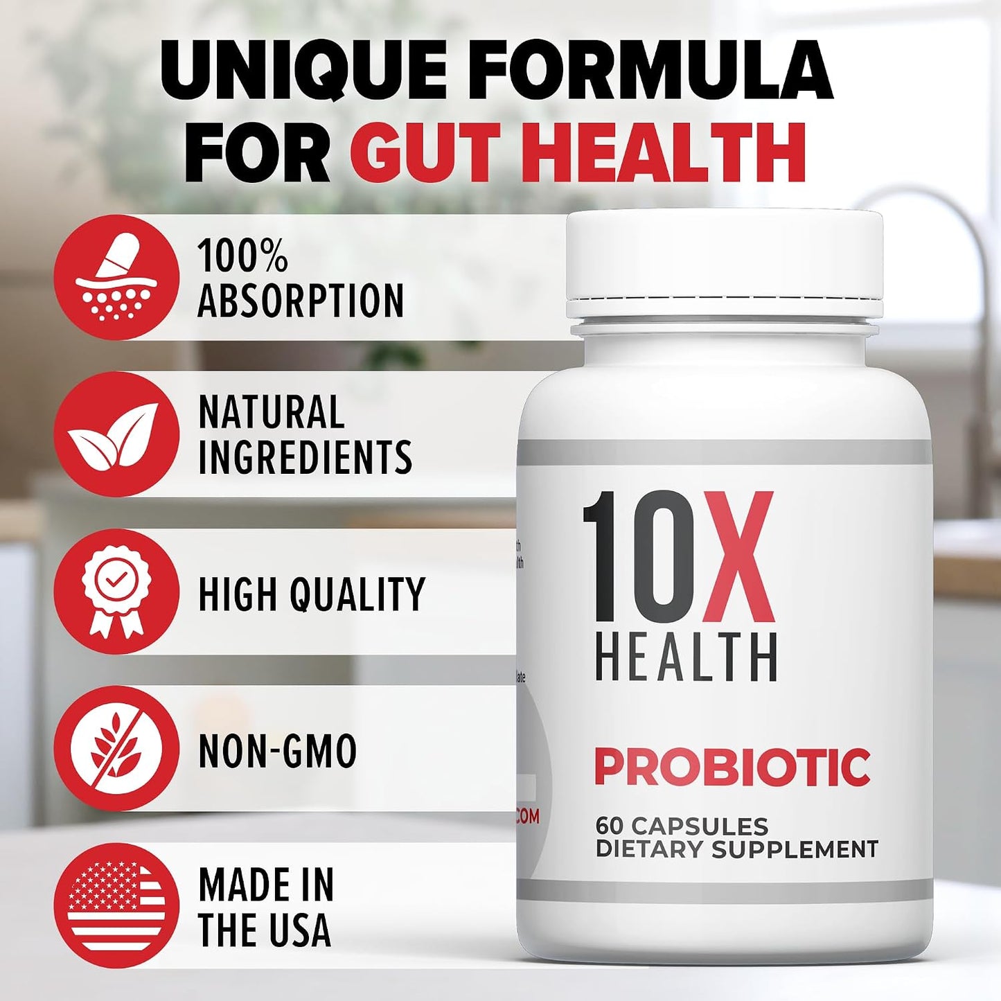 10X Health Probiotics for Men - 60 Capsules Immune Support Supplement & Probiotics for Digestive Health with Lactobacillus Rhamnosus, Acidophilus & Bifidobacterium Probiotic for Gut Health