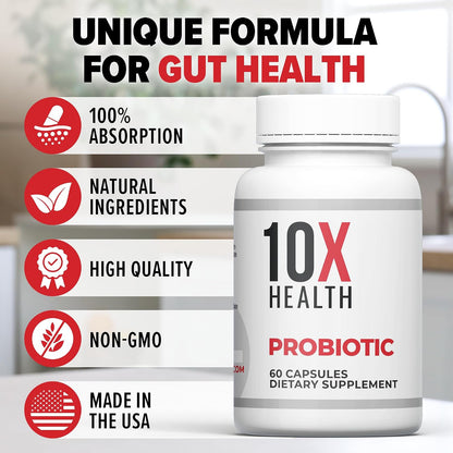 10X Health Probiotics for Men - 60 Capsules Immune Support Supplement & Probiotics for Digestive Health with Lactobacillus Rhamnosus, Acidophilus & Bifidobacterium Probiotic for Gut Health