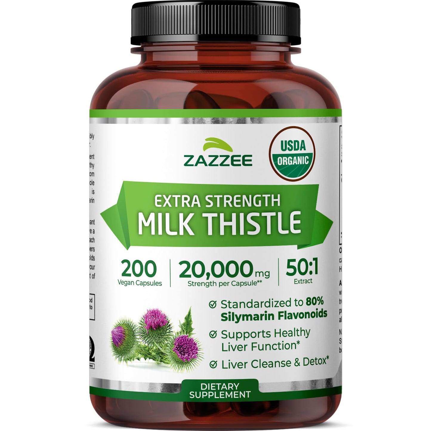 Zazzee USDA Organic Milk Thistle 50:1 Extract, 80% Silymarin Flavonoids, 200 Vegan Capsules, 6+ Month Supply, Silybum Marianum, Liver Support & Detox Support, Organic All-Natural, Non-GMO, Made in USA