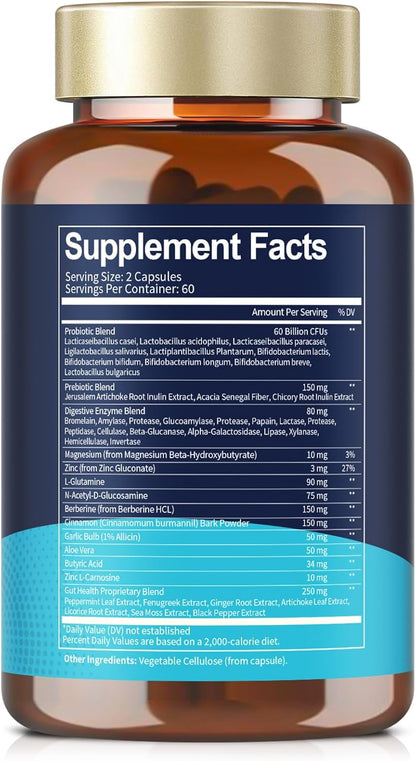 14-in-1 Gut Health with Probiotics, Prebiotics, Postbiotics & Digestive Enzymes for Women & Men, 60 Billion CFU Probiotics for Digestion, Strong Immunity, Skin, Complete Gut Health (120 Capsules)