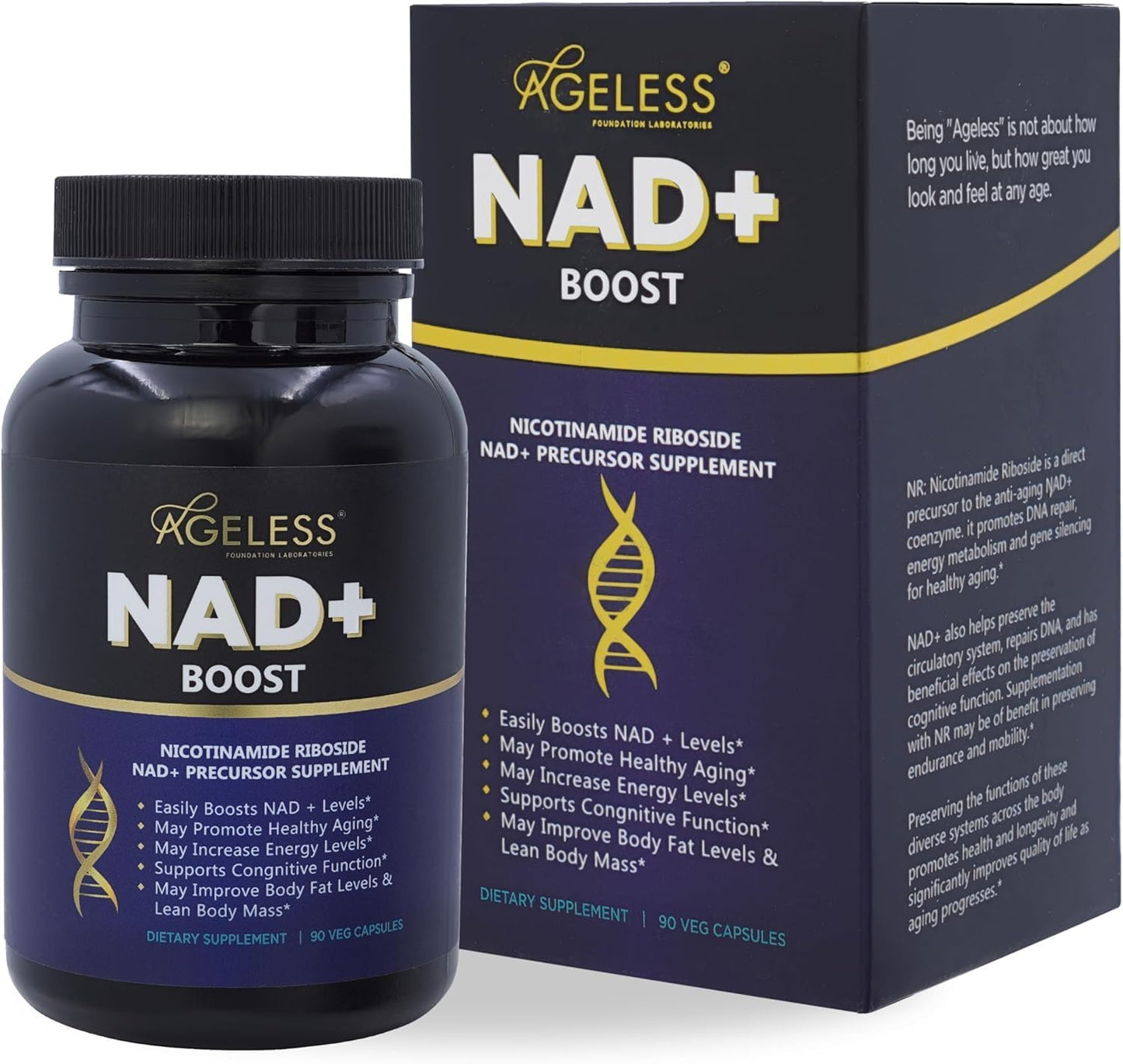 Ageless NAD+ Supplements for Women & Men | Nicotinamide Riboside Chloride | Dietary Supplement for Anti-Aging | Supports Energy, Focus, Stamina, Fat Metabolism & Cognitive Function – 30 Capsules