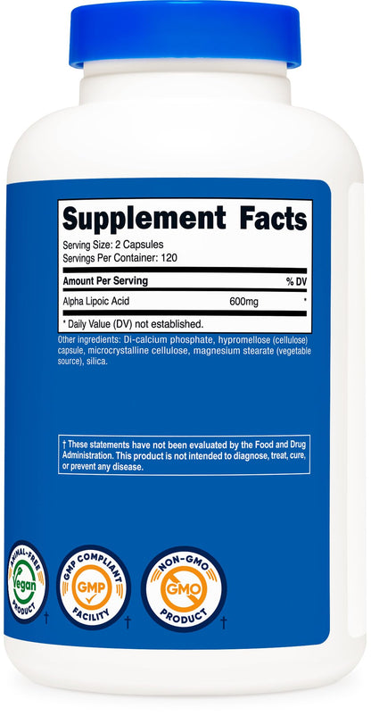 Nutricost Alpha Lipoic Acid 600mg Per Serving, 240 Capsules | Gluten Free, Vegetarian Capsules, Soy Free & GMO-Free