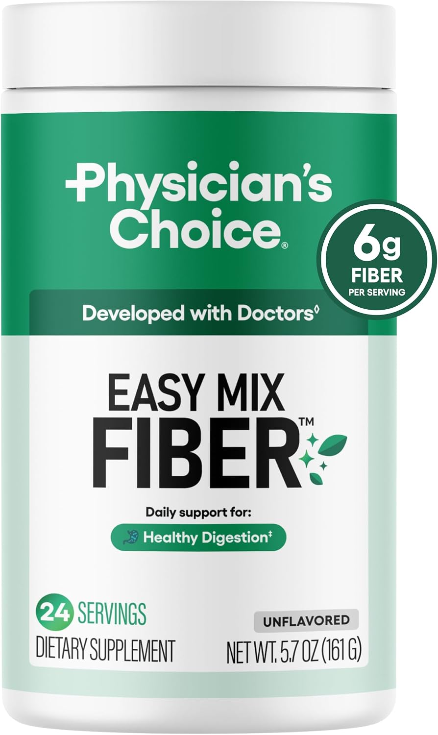 Physician's CHOICE Easy Mix Fiber for Digestive Health & Regularity - No Grit, Sugar Free, & Tasteless - Daily Prebiotic Soluble Fiber Powder Supplement for Women and Men - Unflavored - 5.7oz