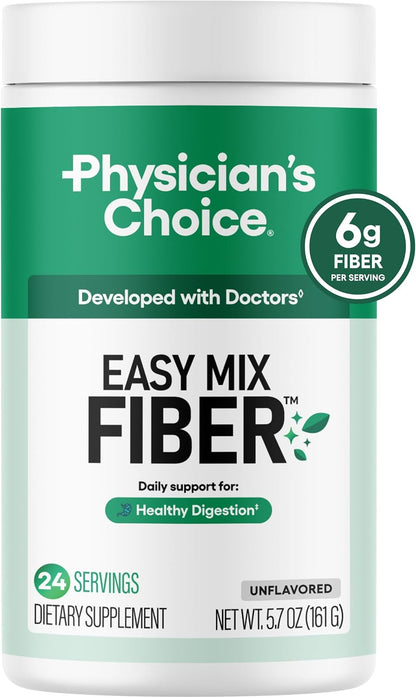 Physician's CHOICE Easy Mix Fiber for Digestive Health & Regularity - No Grit, Sugar Free, & Tasteless - Daily Prebiotic Soluble Fiber Powder Supplement for Women and Men - Unflavored - 5.7oz