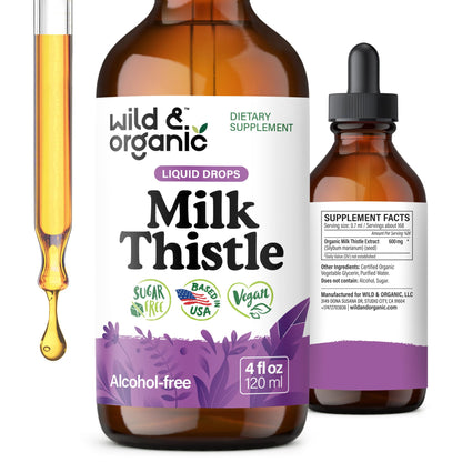 Wild & Organic Milk Thistle Liquid Drops - Liver Cleanse Detox - Silymarin Milk Thistle Supplement for Liver Support - Add to Tea - Silybum Marianum Seed Extract Tincture - Sugar & Alcohol-Free - 4 oz