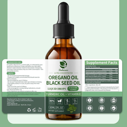 Oil of Oregano Drops with Black Seed Oil, 80% Carvacrol, 8 Month Supply | Immune, Digestive, Detox & Natural Cleanse for Humans*, Undiluted Oregano Oil with Turmeric Oil, Vitamin E & Olive Oil Based