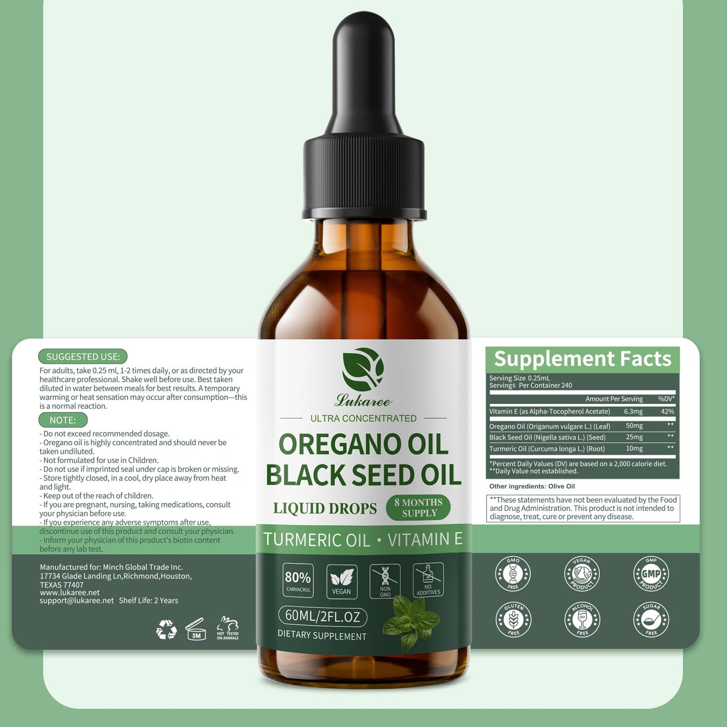 Oil of Oregano Drops with Black Seed Oil, 80% Carvacrol, 8 Month Supply | Immune, Digestive, Detox & Natural Cleanse for Humans*, Undiluted Oregano Oil with Turmeric Oil, Vitamin E & Olive Oil Based
