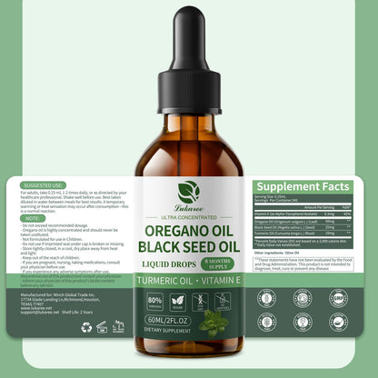 Oil of Oregano Drops with Black Seed Oil, 80% Carvacrol, 8 Month Supply | Immune, Digestive, Detox & Natural Cleanse for Humans*, Undiluted Oregano Oil with Turmeric Oil, Vitamin E & Olive Oil Based