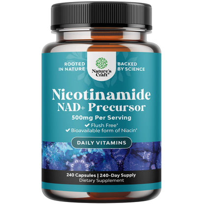 Vitamin B3 Niacinamide 500mg Capsules - Mitochondrial Energy and Potent Skin Supplement - Vitamin B3 Niacin Flush Free and Nicotinamide 500mg - Flush Free Niacin Supplement - 60 Count