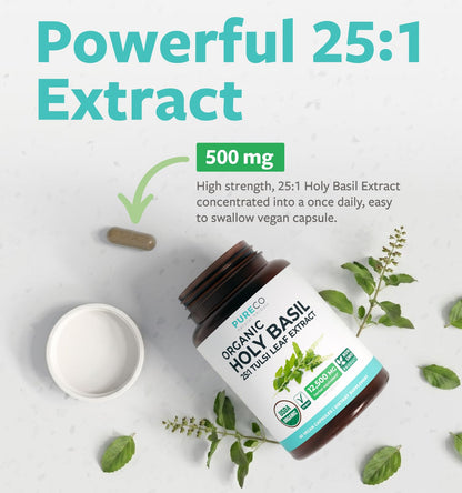 PURE CO USDA Organic Holy Basil Supplement – High Potency Organic Holy Basil 500mg 25:1 Extract 1 Capsule Per Serving – High Strength Tulsi Extract – 60 Vegan Capsules – Non-GMO & Made in USA
