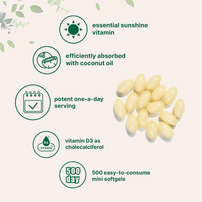 Micro Ingredients Vitamin D3 5,000 IU, 500 Softgels | Virgin Coconut Oil | Cholecalciferol Form | Bone, Immune & Heart Support | Easy to Swallow, Non-GMO