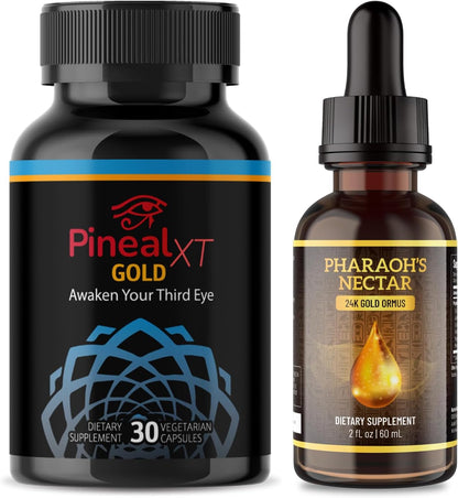 Pineal XT Gold + Pharaoh's Nectar - Pineal Gland Supplement Bundle – 24K Monoatomic Gold Ormus Drops, Pineal Gland Decalcification, Third Eye Awakening, Focus, Energy & Manifestation