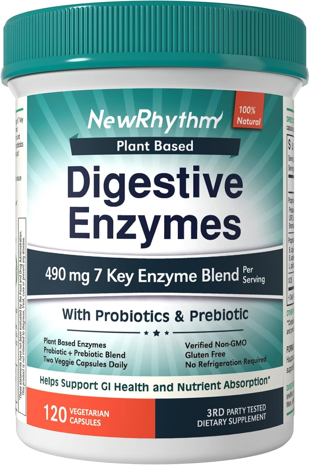 NewRhythm Digestive Enzymes 490 mg, with Probiotics & Prebiotic, Plant Based, 7 Key Enzymes, Digestion, Nutrient Absorption, Protease Amylase & Lipase, 120 Vegan Capsules
