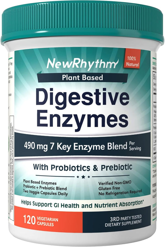 NewRhythm Digestive Enzymes 490 mg, with Probiotics & Prebiotic, Plant Based, 7 Key Enzymes, Digestion, Nutrient Absorption, Protease Amylase & Lipase, 120 Vegan Capsules