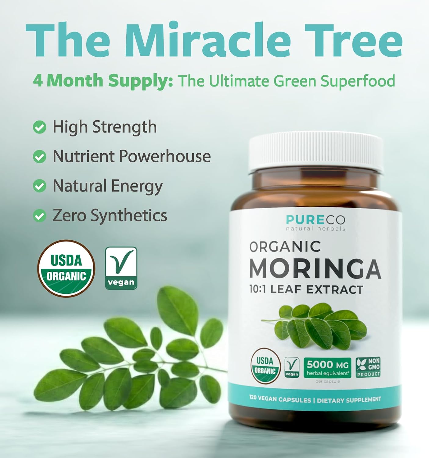 USDA Organic Moringa Capsules - High Potency Organic Moringa 500mg Extract 10:1 Per 1 Capsule Serving - Nutrient Dense Green Superfood Antioxidant - Vegan & Non-GMO Moringa (4 Month Supply)