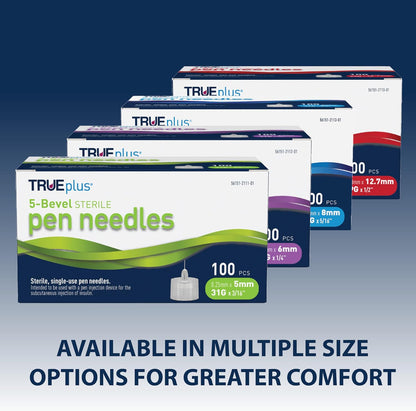 TRUEplus 5-Bevel Sterile Pen Needles, 32G x 4mm (5/32 Inch), 50 Count | For Use with Pen Injection Device, Single-Use Needles, Compatible Thread with Major Pen Devices, Silicone Coated