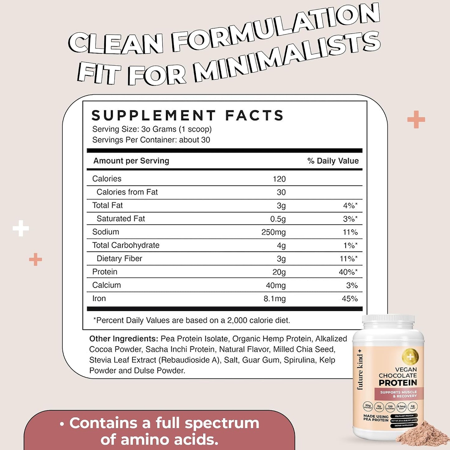 Future Kind Vegan Protein Powder, Chocolate, Pea Plant Protein for Lean Muscle with Iron & Fiber, Whey-Free, Sugar-Free, Soy-Free, Non-Dairy (34 Servings)