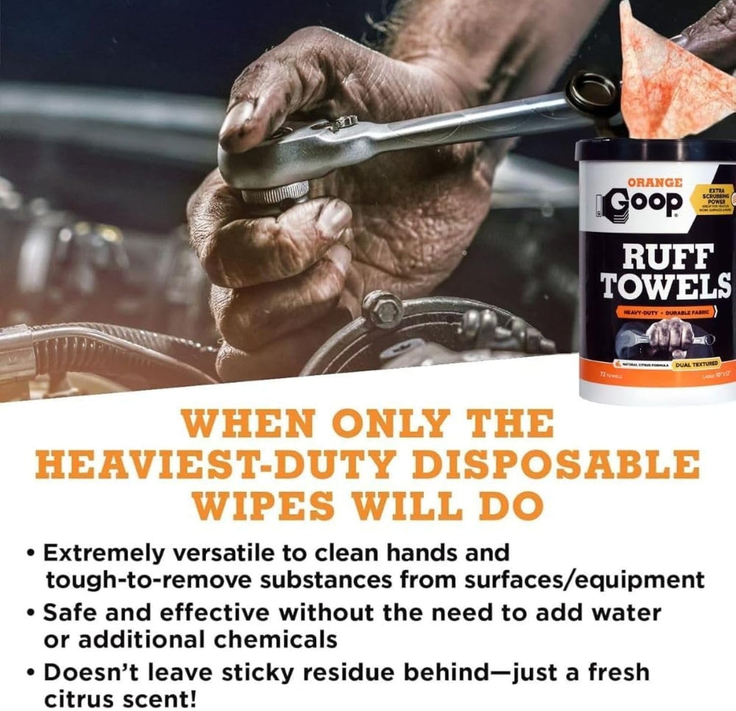 GOOP Orange Heavy Duty Ruff Towels with Scrubbing Power, 10” x 12” Dual Textured Multi-Purpose Cleaning Wipes, Removes Dirt, Grease, Oil, 72 Count