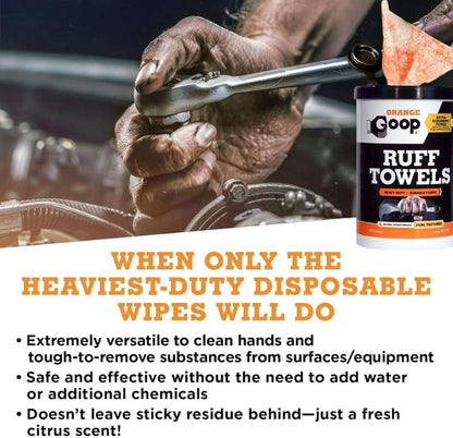 GOOP Orange Heavy Duty Ruff Towels with Scrubbing Power, 10” x 12” Dual Textured Multi-Purpose Cleaning Wipes, Removes Dirt, Grease, Oil, 72 Count