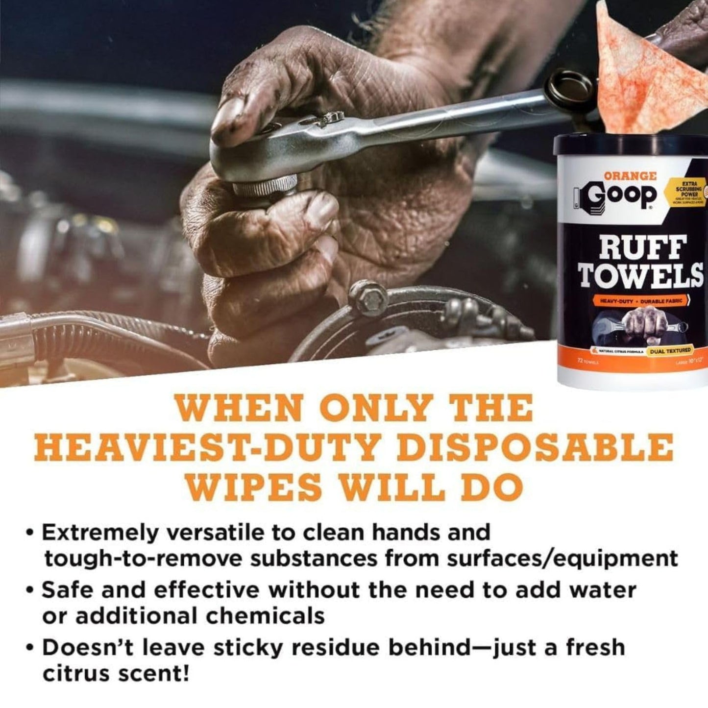GOOP Orange Heavy Duty Ruff Towels with Scrubbing Power, 10” x 12” Dual Textured Multi-Purpose Cleaning Wipes, Removes Dirt, Grease, Oil, 72 Count