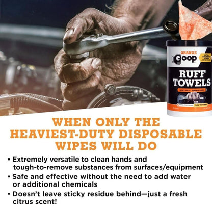 GOOP Orange Heavy Duty Ruff Towels with Scrubbing Power, 10” x 12” Dual Textured Multi-Purpose Cleaning Wipes, Removes Dirt, Grease, Oil, 72 Count