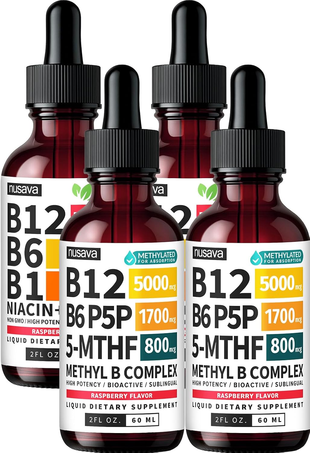 NUSAVA (2-Pack) Methylated B Complex Liquid Drops Raspberry and (2-Pack) Liquid Vitamin B12 Drops - High Potency Methylfolate and Sublingual B12 for Daily Energy and Balance Support