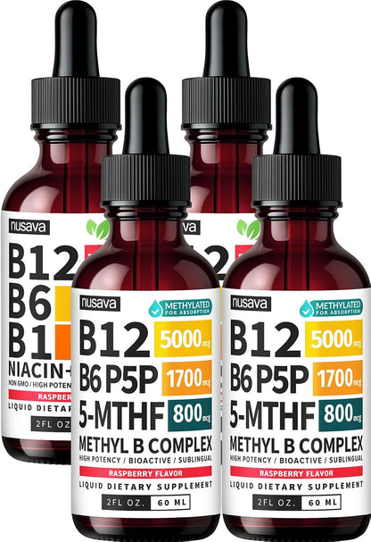 NUSAVA (2-Pack) Methylated B Complex Liquid Drops Raspberry and (2-Pack) Liquid Vitamin B12 Drops - High Potency Methylfolate and Sublingual B12 for Daily Energy and Balance Support