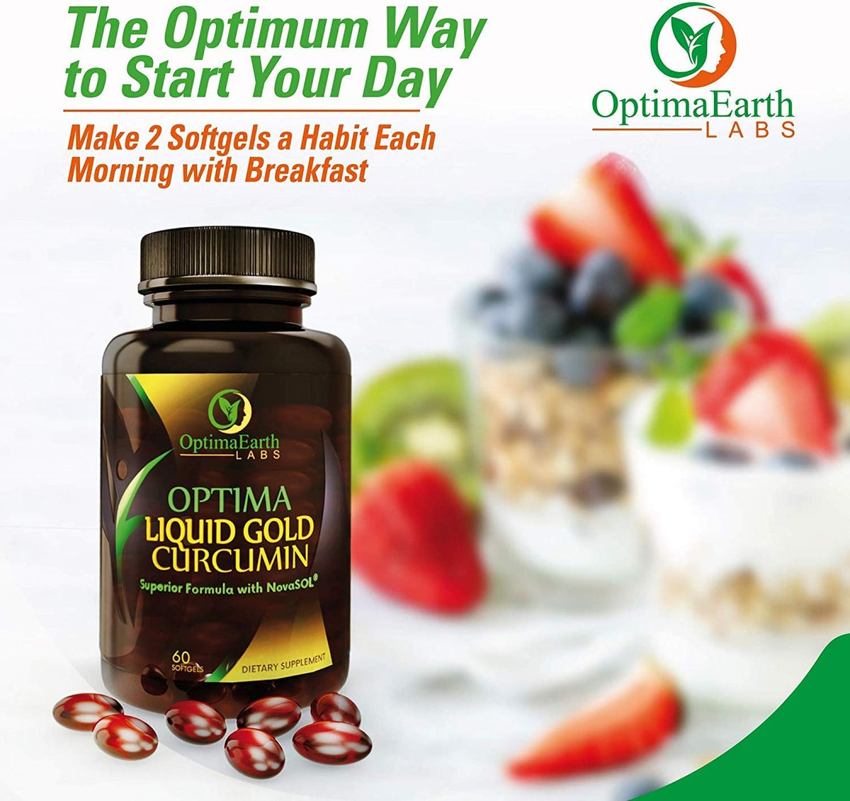 OptimaEarth Liquid Gold Curcumin with NovaSOL — High Absorption Turmeric Supplement, 60 Softgels