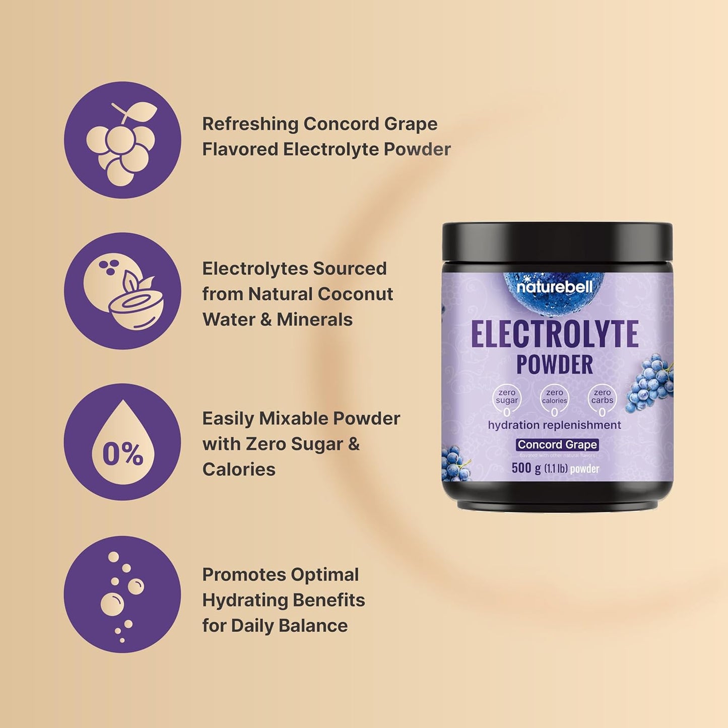NatureBell Electrolytes Powder No Sugar, 500g (76 Servings) | Keto Fast Hydration Powder, Carnivore-Friendly Electrolyte – 1,000mg High Potassium, Minerals, & Coconut Water – Concord Grape Flavor