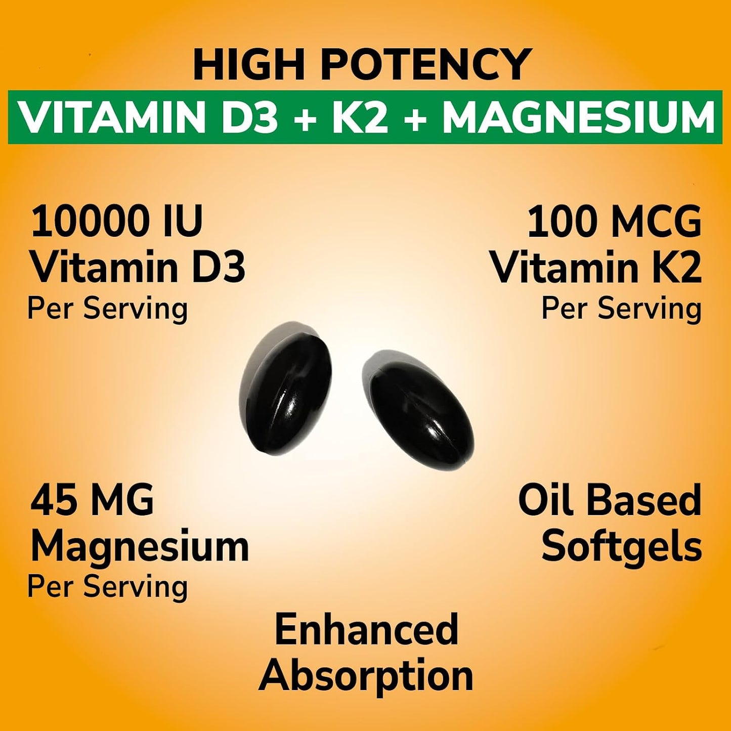 Vitalibre Vitamin D3 K2 10000 IU + Magnesium Glycinate, 60 Mini Softgels | High Absorption D3 K2 Vitamin 10000 IU for Bone, Teeth, Immune & Energy Support, Non-GMO, Easy to Swallow