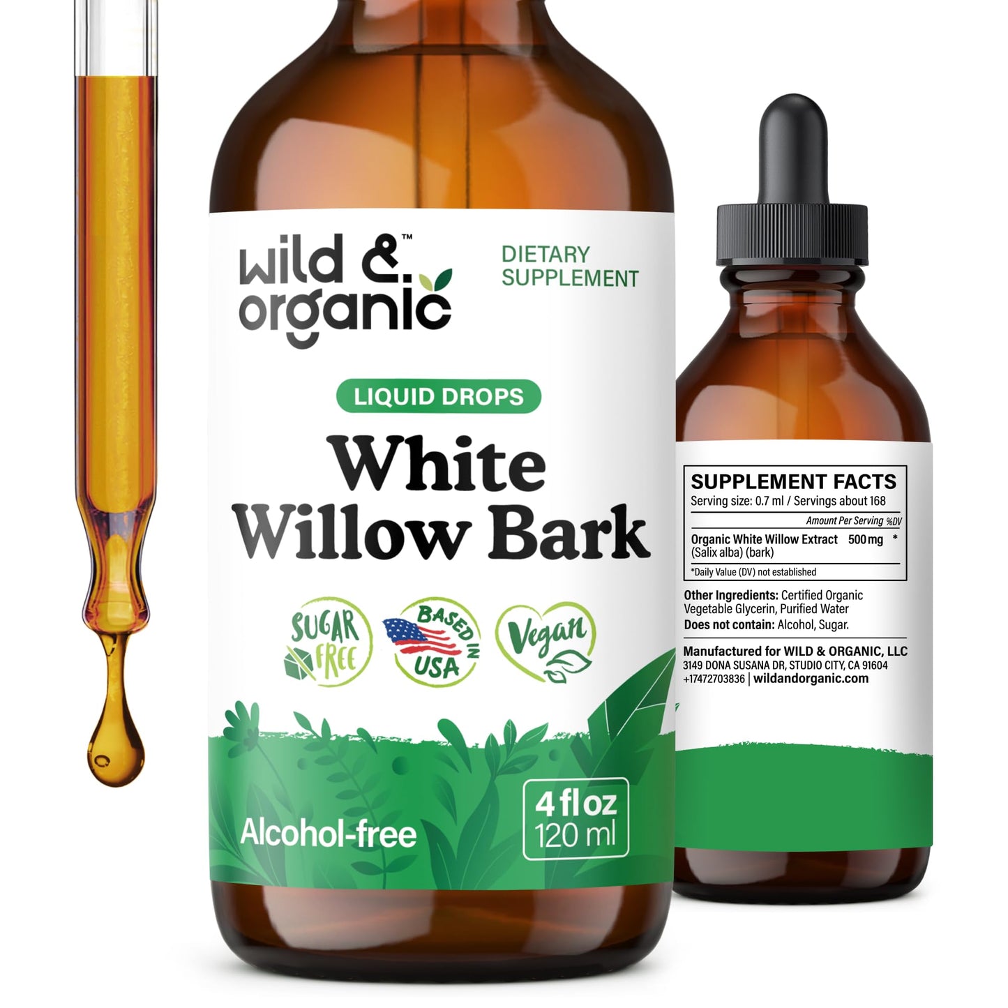 Wild & Organic White Willow Bark Tincture - Liquid Supplement for Overall Support - Alcohol & Sugar-Free White Willow Extract Drops - Salix Alba Bark - Vegan, No Additives - 4 fl oz