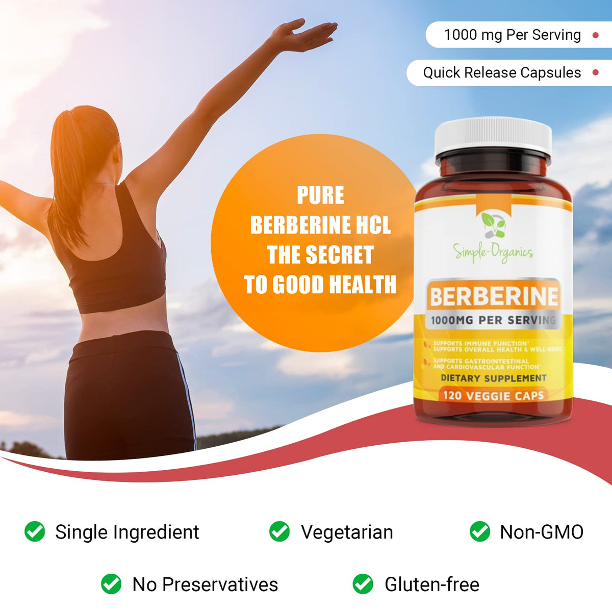 Simple-Organics Berberine 500mg (1000mg Per Serving) for Supports Healthy Immune