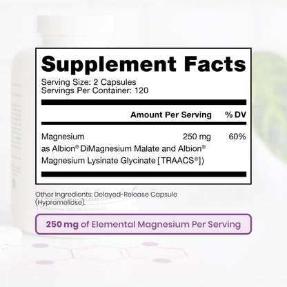 Magnesium Lysinate Glycinate & Magnesium Malate, Made in USA | 4 Month Supply | Chelated for Maximum Absorption, Supports Bone Health & Energy, Non-GMO, 240 Count