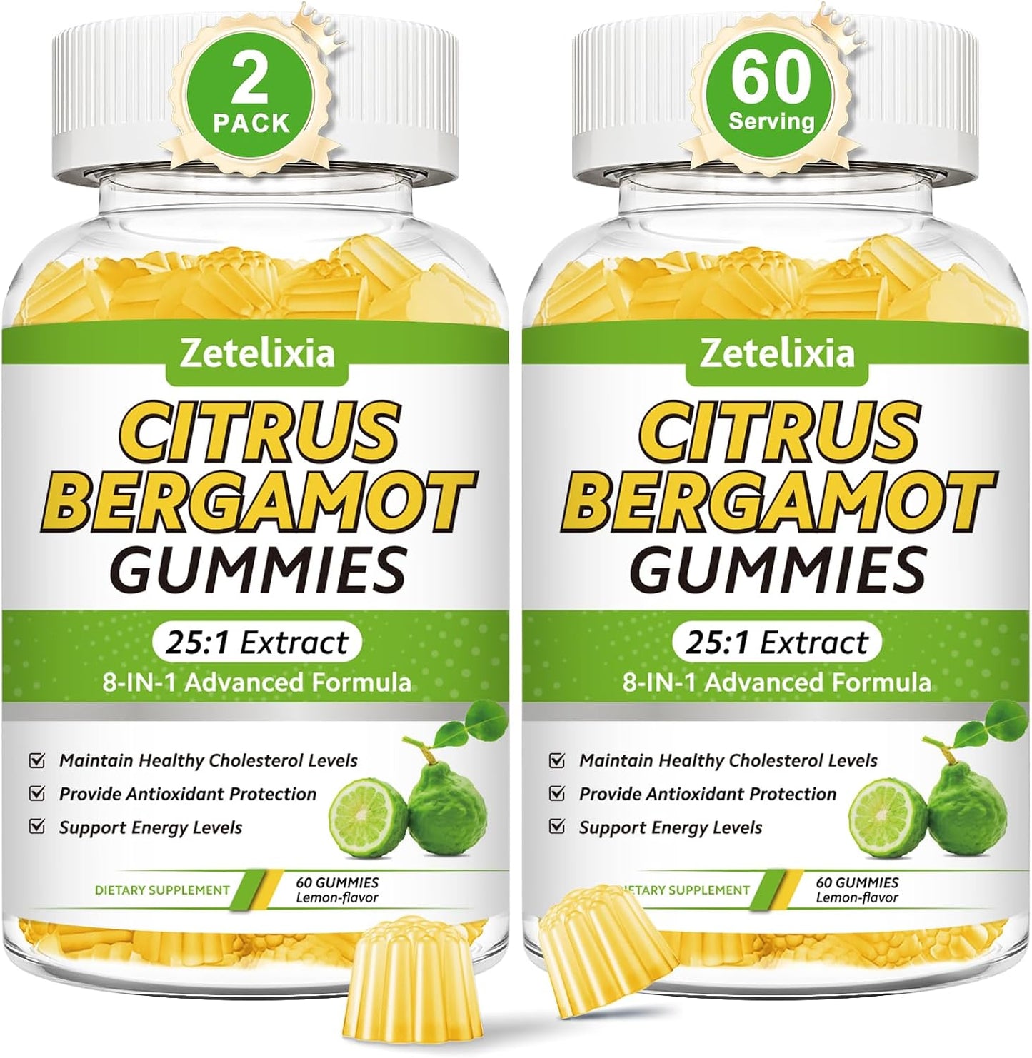 2 Pack Citrus Bergamot Gummies, Citrus Bergamot Supplement for High Cholesterol, Cholesterol Lowering Supplement for Heart, Immune System & Healthy Aging Support, Sugar Free, Lemon Flavor, 120 Cts