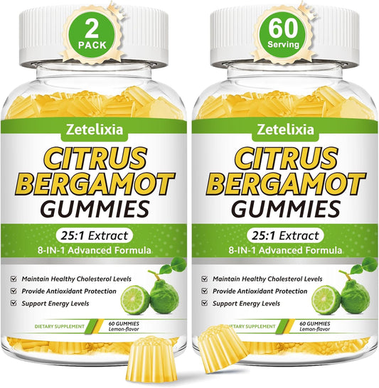 2 Pack Citrus Bergamot Gummies, Citrus Bergamot Supplement for High Cholesterol, Cholesterol Lowering Supplement for Heart, Immune System & Healthy Aging Support, Sugar Free, Lemon Flavor, 120 Cts