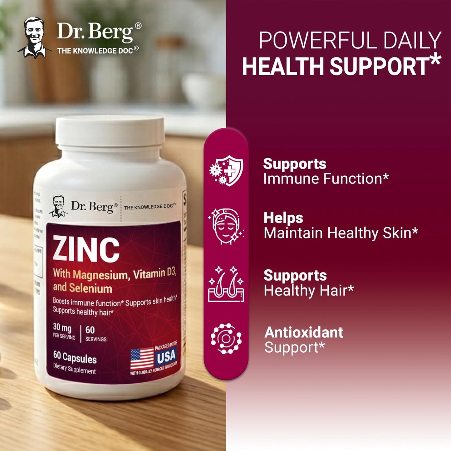 Dr. Berg Zinc 30 mg (60 Capsules) – High Potency 7-in-1 Immune Support Formula – Chelated Zinc with Vitamin D & Selenium for Healthy Skin, Hair & Daily Wellness – No Fillers, 4X Tested*
