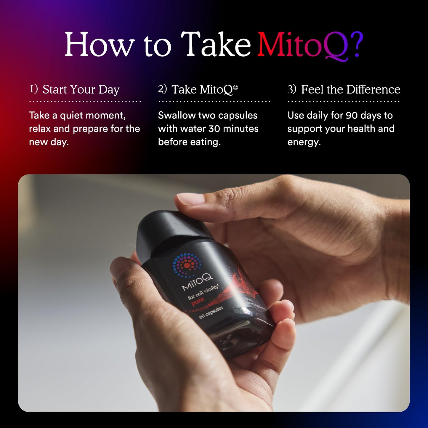 MitoQ Pure Advanced Mitochondria Supplement - Superior Bioavailability to CoQ10 - Patented Vitality Supplement for Sustained Energy, Heart Health, Metabolic Support, and Healthy Aging (60 Capsules)