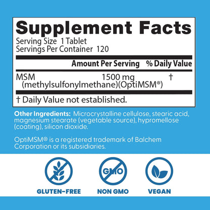 Doctor's Best MSM Supplement 1500mg for Men & Women - Supports Hair, Skin, Nails, Joint Health, & Mobility, Delivers Beneficial Sulfur with OptiMSM, Gluten Free, Non GMO, Vegan - 120 Tablets