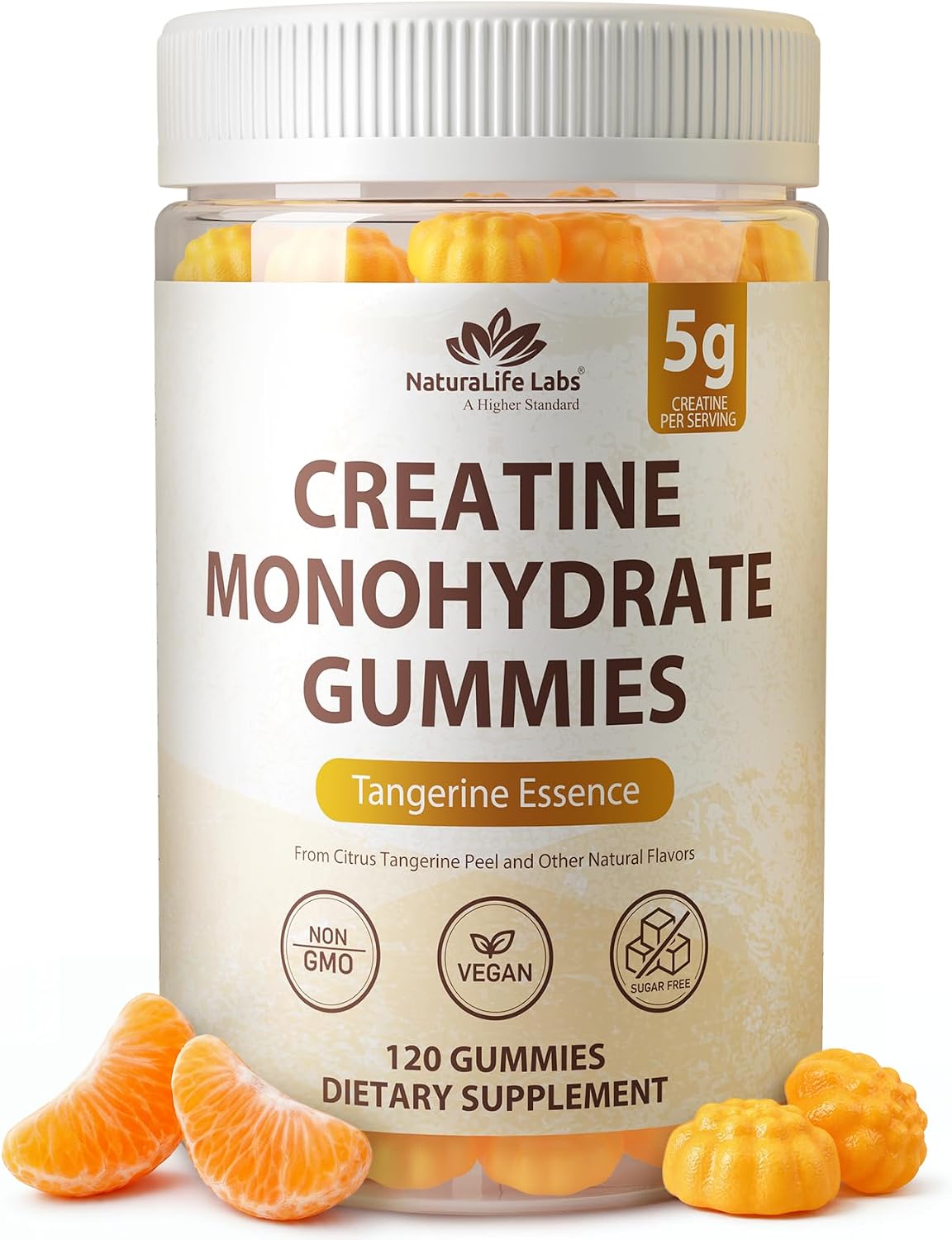 NaturaLife Labs Creatine Monohydrate Gummies - 5g per Serving - Tangerine Flavor - 120 Gummies - Gluten-Free, Non-GMO, Vegan, Sugar Free