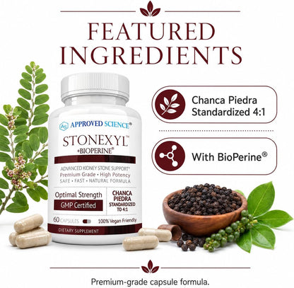 Approved Science Stonexyl - Herbal Support for Kidney Stones - 60 Capsules - Chanca Piedra - High Absorption -1 Month Supply - Vegan