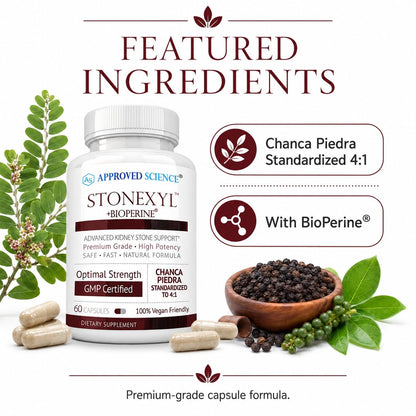 Approved Science Stonexyl - Herbal Support for Kidney Stones - 60 Capsules - Chanca Piedra - High Absorption -1 Month Supply - Vegan