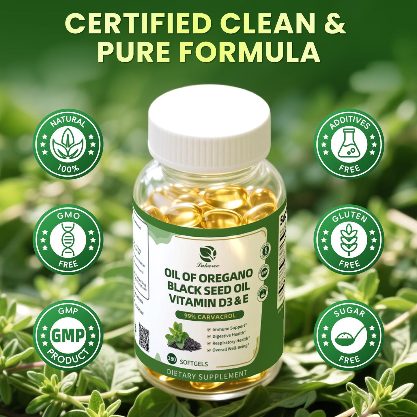 Oregano Oil Softgels with Black Seed Oil, 99% Carvacrol, 180 Ct, 3 Month | 5-in-1 with Vitamin D3 E Black Pepper, Immune, Respiratory, Digestive & Antioxidant*, Ultra-Concentrated, Easy to Swallow